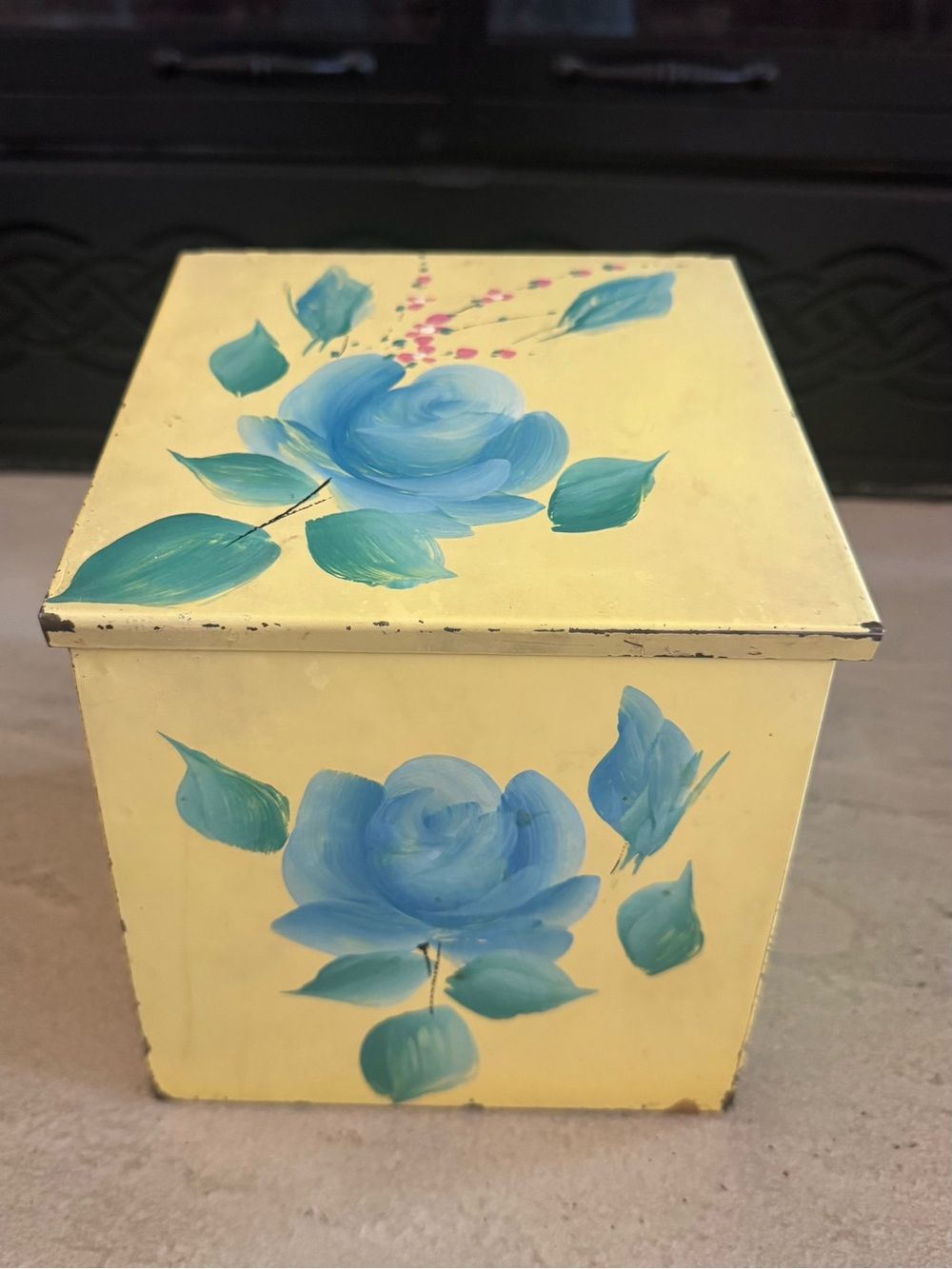 Vintage Cottage Style Yellow Floral Storage Box with Blue Roses
